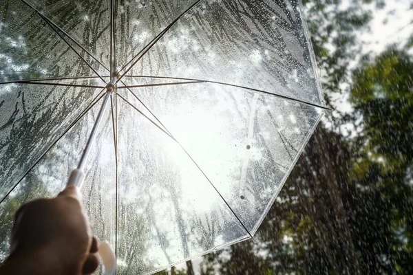 Young Man Holds Transparent Umbrella Water Drops Splash — ストック写真