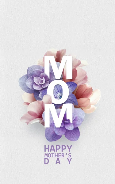 Χαρούμενη Ημέρα Της Μητέρας Καλλιγραφία Ανθισμένα Λουλούδια Στο Φόντο Σύμβολα — Φωτογραφία Αρχείου