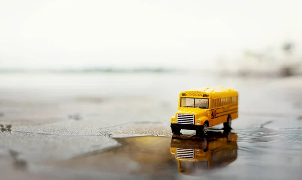 Gele Schoolbus Speelgoedmodel Tijdens Harde Regenval Stad Laag Hoekzicht Ondiepe — Stockfoto