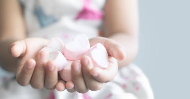 Elinde kalp şekeri olan Asyalı genç bir kız. Sevgililer Günü konsepti geçmişi..