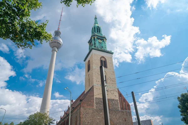 Two Towers Contrast Modern Historic Berlin Tower Spire Mary Church — Stock Photo, Image