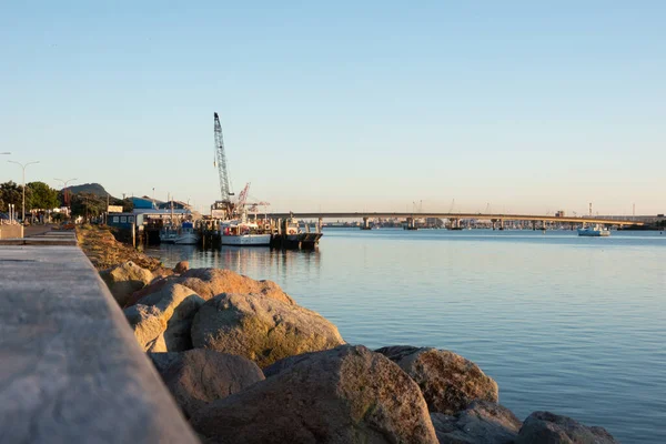 Tauranga Yeni Zelanda Kasım 2021 Ufukta Liman Köprüsü Olan Balıkçı — Stok fotoğraf