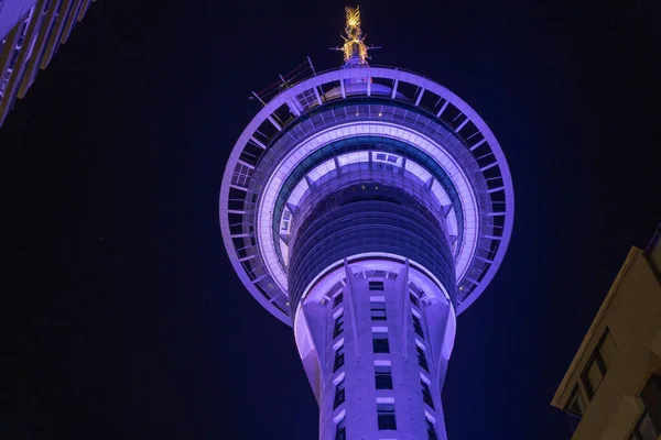 Night Scene Tall Circular Tower Illuminated Blue — Stockfoto