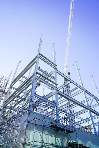 Steel Framing White Crane Beams Structural Elements New Building Blue — Stockfoto