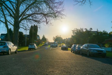 Kış güneşinin parıltısı banliyö caddesinde yapraksız ağaçlar ve park halindeki araçlarla altın ışık saçıyor.