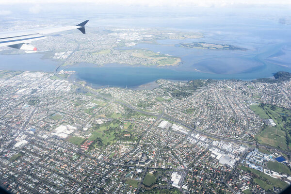 Aerial Australian city view flying overhead