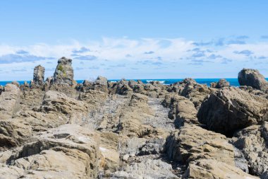 Te Kaha 'daki Bereket Körfezi, Yeni Zelanda' nın doğu kıyısında engebeli kayalık kıyı şeridi ve ufuk manzarası..