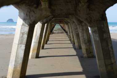 Uzun tekrarlanan şablon ve azalan perspektif ve Tolaga Körfezi Rıhtımı altındaki yapının gölgesi, Doğu Kıyısı Yeni Zelanda.
