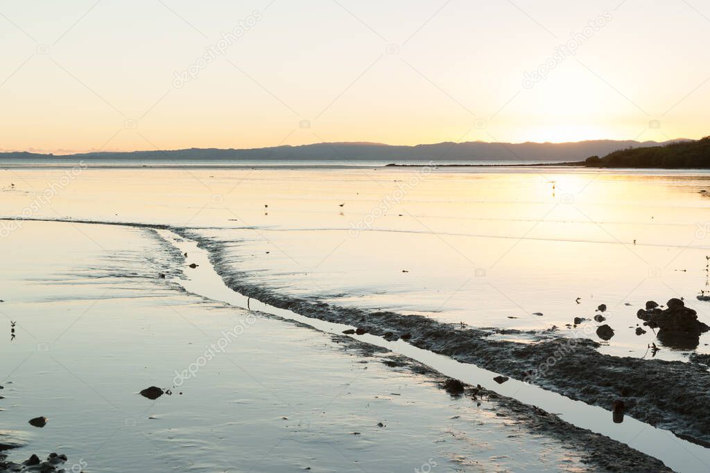 Low tide over mudflats in Hauraki Gulf at sunrise on Thames coast, New Zealand.