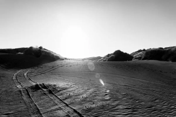 Ripples and tracks through Black sands of rolling Castlecliff dunes as sunsets behind them creating lens flare effect, Whanganui, New Zealand.