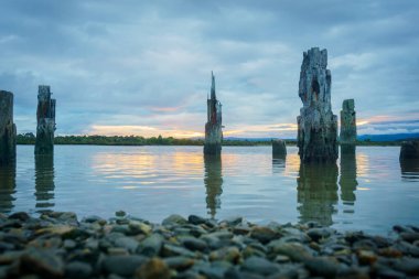 Gün batımında eski rıhtım direkleriyle Okarito 'daki göl bulutlu gökyüzü