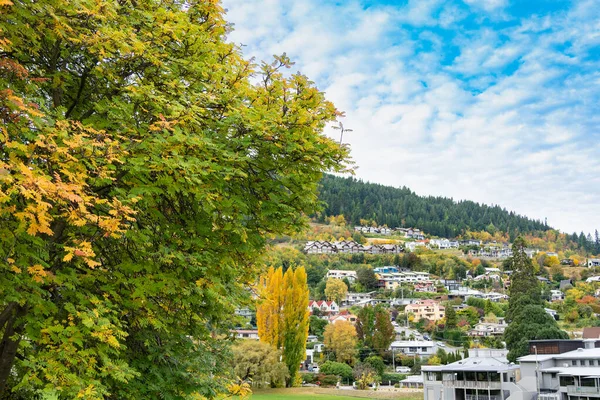 Farbenfrohe Hangresidenzen Gemischt Mit Üppigem Herbstlaub Queenstown Neuseeland — Stockfoto