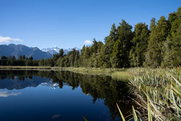 南アルプスと湖の数学の森林エッジのリーディングラインと完璧な反射 南島ニュージーランド — ストック写真