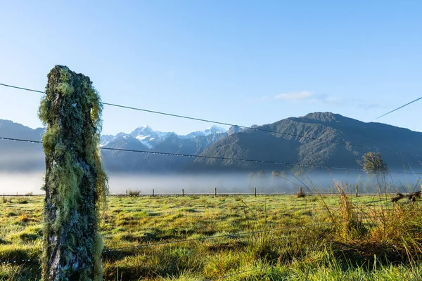 New Zealand Rural Dew Laden Fence Green Field Southern Alps — Stock Photo, Image