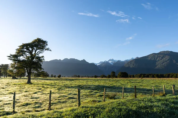 Montanhas Pano Fundo Para Nascer Sol Rural Nova Zelândia Paisagem — Fotografia de Stock