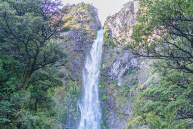 Dramatik Punchbowl Şelaleleri, Arthurs Geçidi, Güney Adası Yeni Zelanda 'da dik kayalıklardan aşağı taşar..