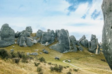 Path leading through dramatic harst rocks of Castle Hill in Canterbury New Zealand.