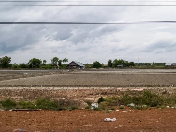 Dry Rice Paddy Fields Patterned Layout Cracked Soil Old Shack — Stock Fotó