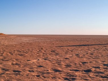Wide and expansive Makgadikgadi Pan view to horizon in Botswana, Africa.