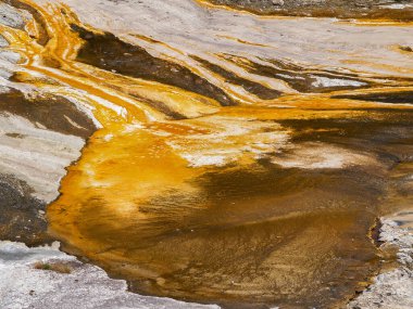 Thermal activity bright yellow lava flows and formations in Orakei Korako on volcanic plateau area New Zealand.