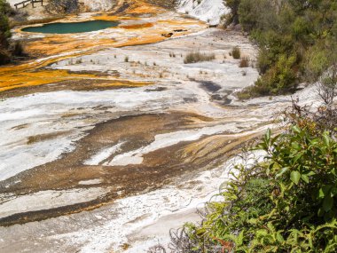 Bright sulfuric coloured land in yellow and brown patterned landscape at Orakei Korako New Zealand.