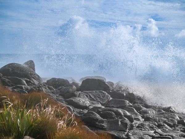 Waves Crashing Rocky Foreshore Sending Sea Spray Air Overcast Wild — Stockfoto