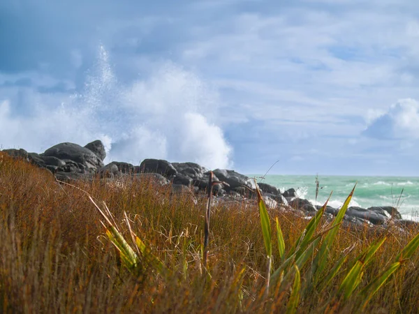 Waves Crashing Rocky Foreshore Sending Sea Spray Air Overcast Wild — Stock fotografie