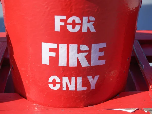Bright Red Buckets Labeled White Fire Only Ready Protection Case — Stockfoto