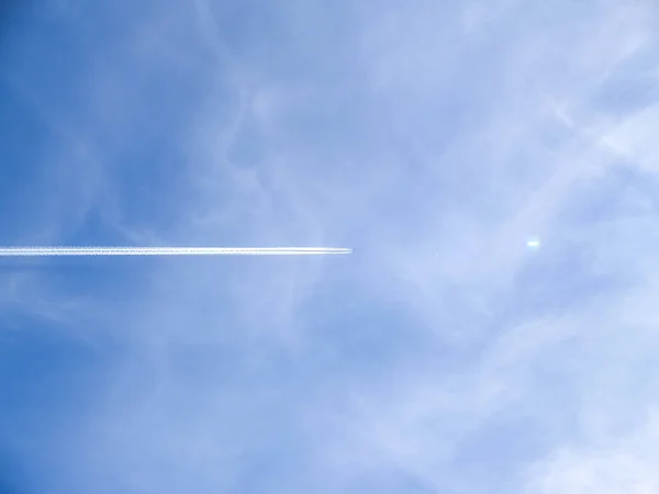 Small Jets Distance Create Horizontal Chem Trails Blue Sky Bright — Stockfoto