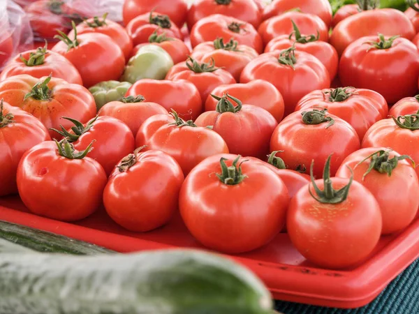 Tablett Oder Frische Gesunde Rote Tomaten Nahaufnahme — Stockfoto