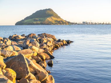 Limandan Yeni Zelanda 'daki Maunganui Dağı' na kadar uzanan kaya dalgaları.