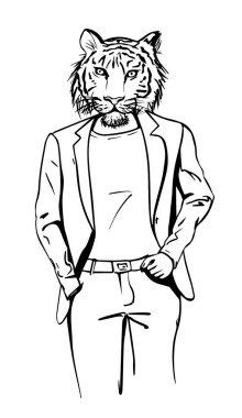 Kaplan başlı adam vektör çizimi. Siyah ve beyaz el çizimi. güçlü ve kendinden emin. Gündelik kıyafet. Ceketli kaplan, tişört ve pantolon.