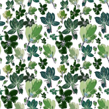 Zehirli çiçek deseni. Beyaz arka planda yeşil çiçekler. Kumaş