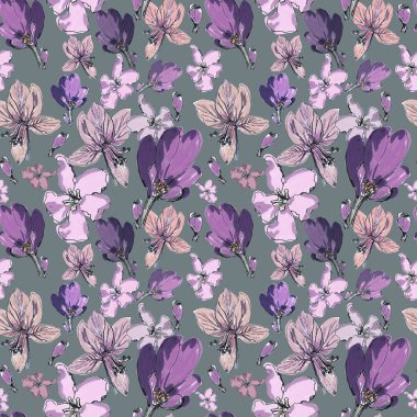 Zehirli çiçek deseni. Gri arkaplanda mor çiçekler. Kumaş
