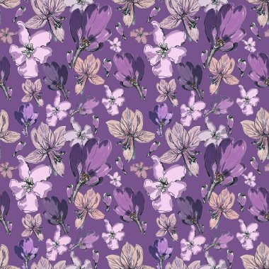 Zehirli çiçek deseni. Mor arka planda mor çiçekler. Kumaş