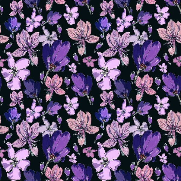 Poisonous Flowers Pattern Purple Flowers Black Background Fabric — Stock Photo, Image