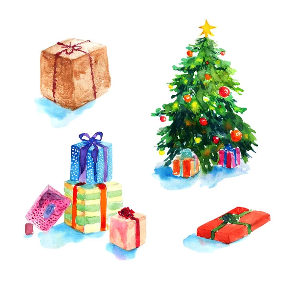 Árbol Navidad Con Decoraciones Cajas Regalo Ilustración Aislada Vacaciones Feliz — Foto de Stock