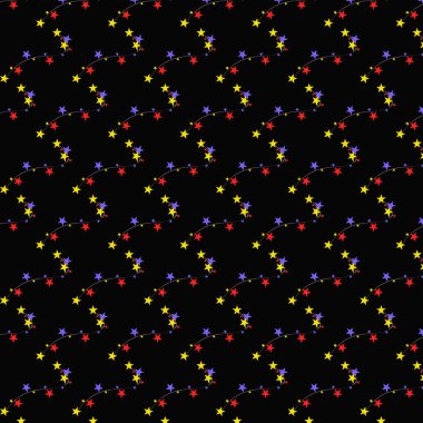 Işıklı ve yıldızlı Noel ve Yeni Yıl deseni. Çok renkli fidan ağacı çelengi. Çocukların bayramı, tekstil arka planı, afiş defteri, koleksiyon defteri..