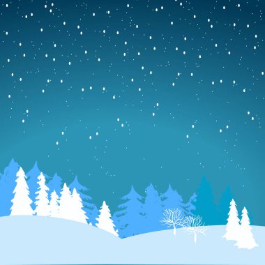 Kış arkaplanı. Ateş ve ağaçlar kar altında. Kar yağıyor..