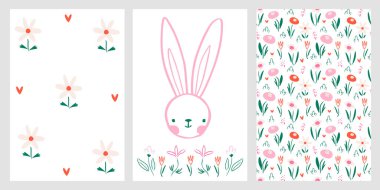 Sevimli tavşan ve çiçekli yaz ya da bahar deseni. Çocuk odasında baskı için poster şablonları, kırtasiye malzemeleri ve parmak izleri için. freehand çizim biçimi. 