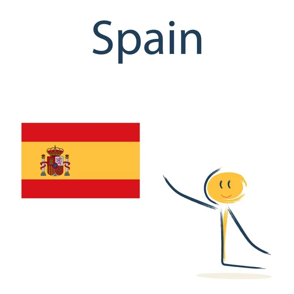 スペインの国旗を持つキャラクター 子供たちに世界の地理や国を教える — ストックベクタ