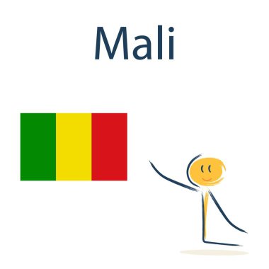 Mali bayrağı taşıyan karakter. Çocuklara coğrafya ve dünya ülkelerini öğretmek