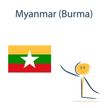 Myanmar, Burma bayrağı taşıyan karakter. Çocuklara coğrafya ve dünya ülkelerini öğretmek