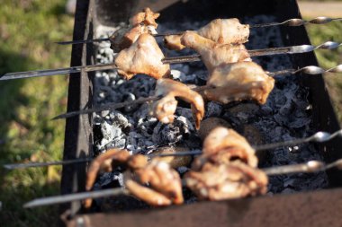 Tavuk kebabı ızgaradaki şişte.