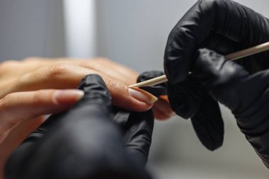 Stüdyoda manikür işlemi ya da kadınlar için güzellik salonu. Bir manikür ve pedikür ustası müşterisi için jel cilalı tırnaklar yapar.