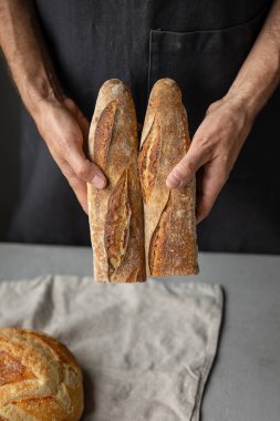Yetişkin bir Avrupalı erkek fırıncı elinde yuvarlak taze bir ekmek tutuyor. Fırında bir adam mayalı ekmek ve baget tutuyor.. 