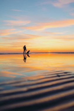 Gölde ya da denizde gün batımının arka planında bir adamın silueti. Batan güneşin arka planında bir kadın ya da bir erkek