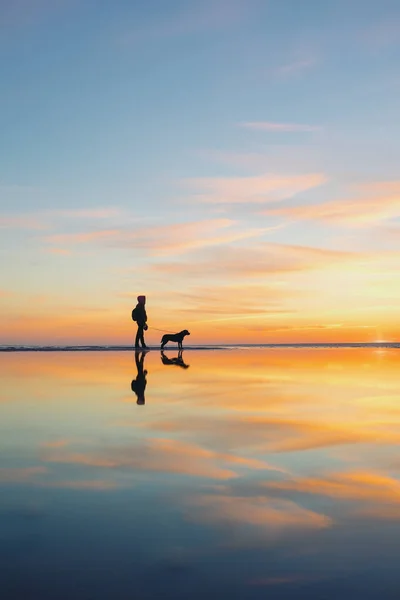 La silueta de un hombre sobre el fondo de una puesta de sol en un lago o mar. una mujer o un hombre en el fondo del sol poniente — Foto de Stock