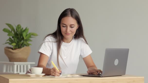 Une femme d'affaires européenne confiante travaille sur un ordinateur portable dans sa maison confortable. une femme travaille ou étudie le marketing et la finance en ligne — Video