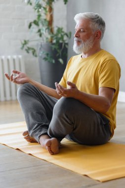 Gri saçlı adam meditasyon yapıyor ve nefes egzersizleri yapıyor. Yaşlılar için spor fitness ve fiziksel egzersizler
